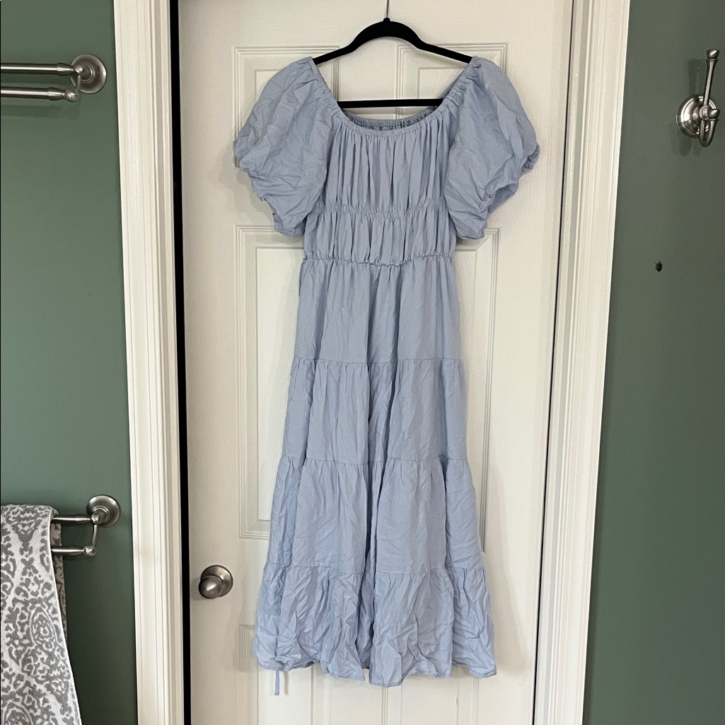 Chic Light Blue Puff Sleeve Maxi Dress